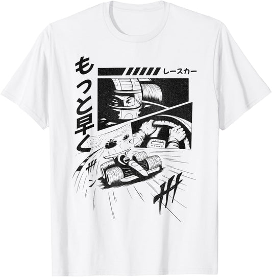 Anime Racer in Fast-Paced Action T-Shirt - T-Shirt | White