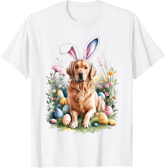 Golden Retriever Dog Bunny Ears Easter Eggs Spring Flowers T-Shirt - T-Shirt | White