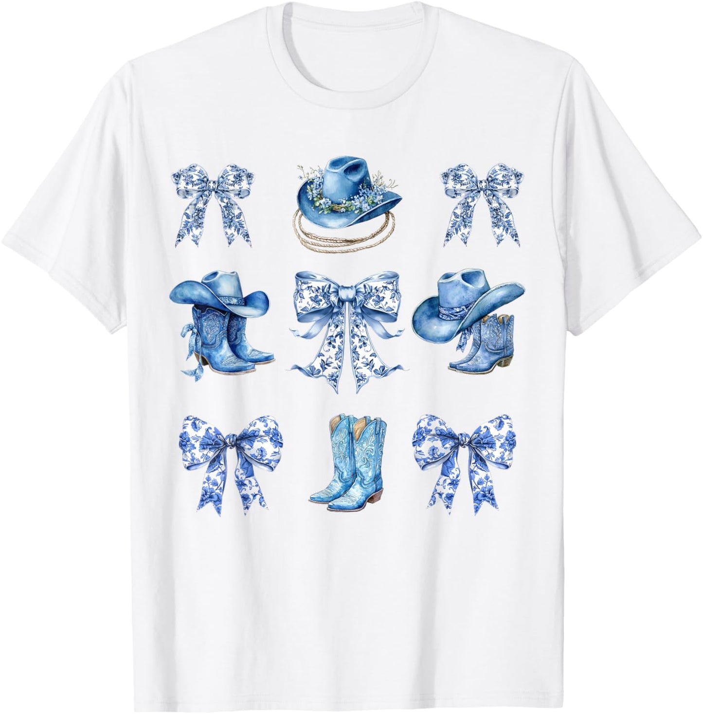 Blue Coquette Cowgirl Bows Boots Cowboy Hat Western T-Shirt - T-Shirt | White