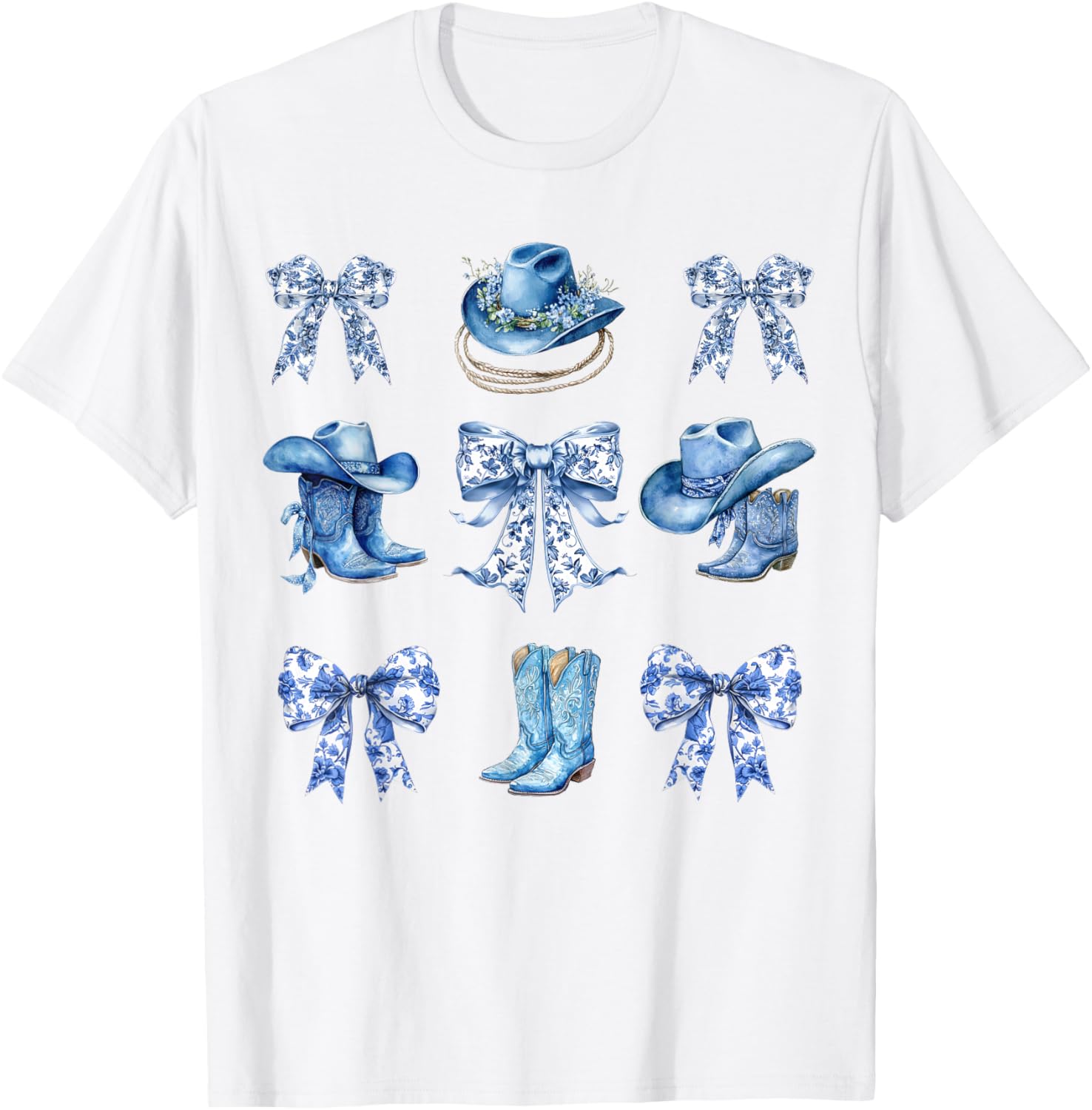 Blue Coquette Cowgirl Bows Boots Cowboy Hat Western T-Shirt - T-Shirt | White