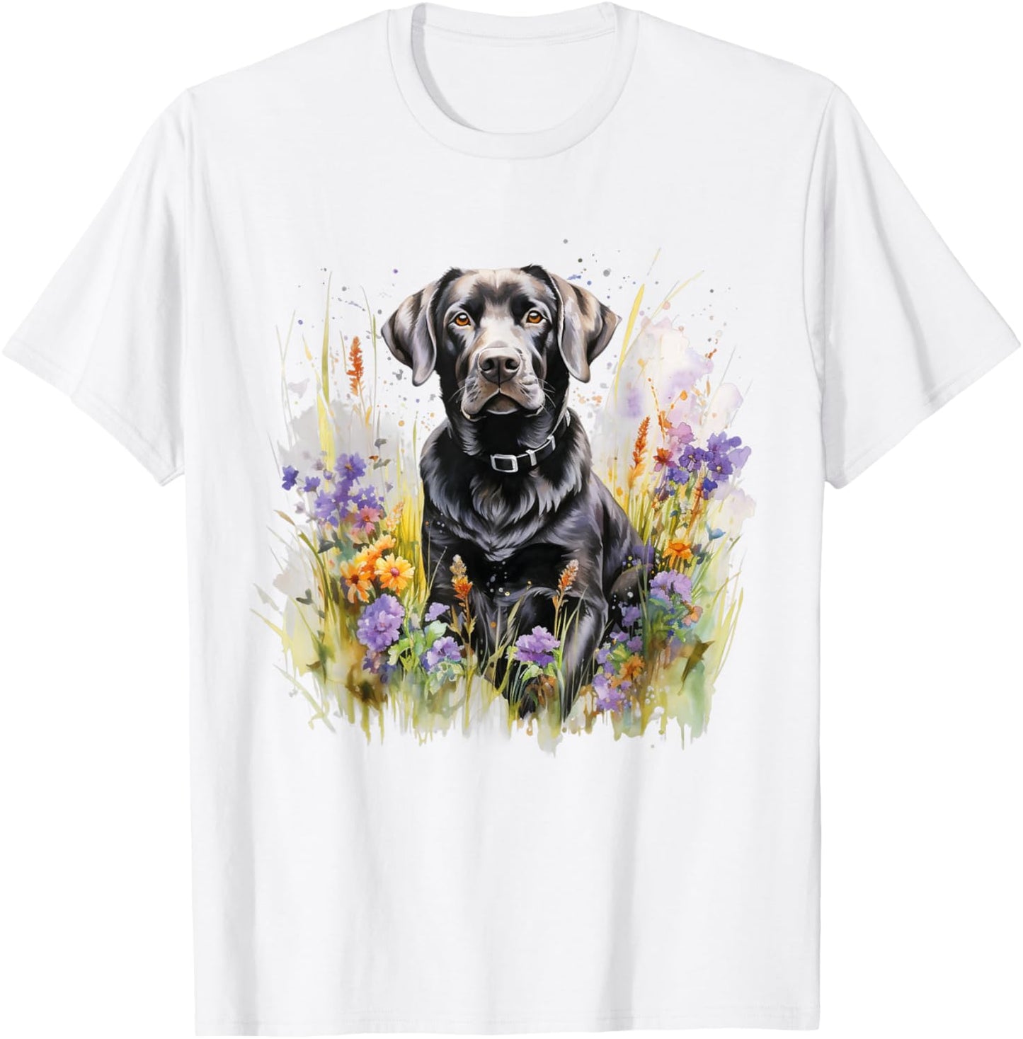 Floral Wildflower Dog Black Labrador Retriever T-Shirt - T-Shirt | White