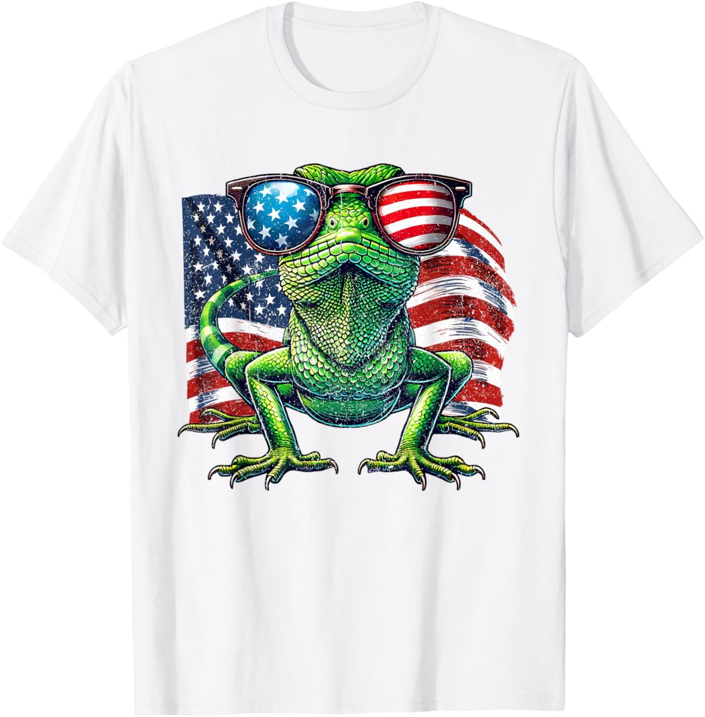 Vintage Green Anole Lovers Patriotic America Flag Sunglasses T-Shirt - T-Shirt | White