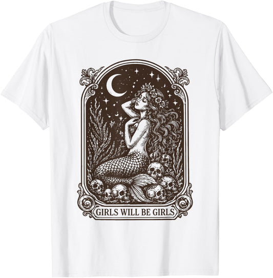 Girls Will Be Girls Mermaid Skull Moon Stars T-Shirt - T-Shirt | White