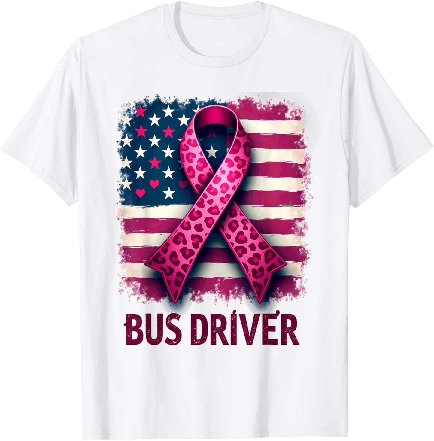Bus Driver US Flag Pink Ribbon Breast Cancer Awareness T-Shirt - T-Shirt | White