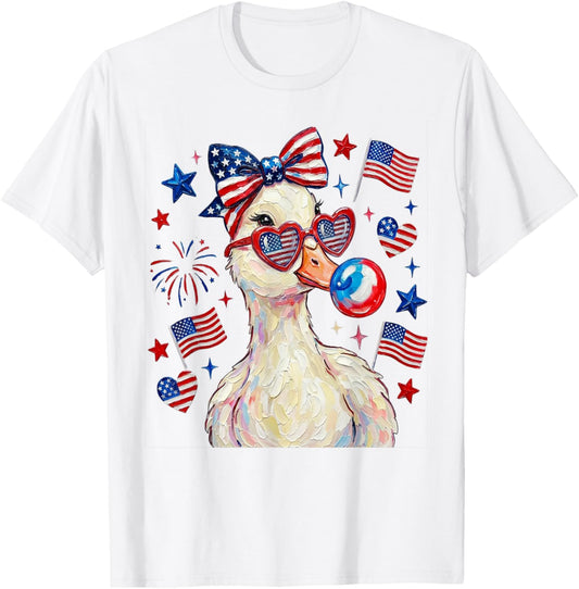 Cute Patriotic Goose Blowing Buble Gum Coquette 4th of July T-Shirt - T-Shirt | White