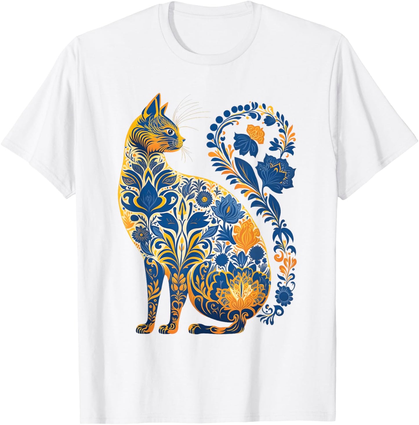 Ukraine Cat Floral Retro Ukrainian Flag & Vyshyvanka Style T-Shirt - T-Shirt | White