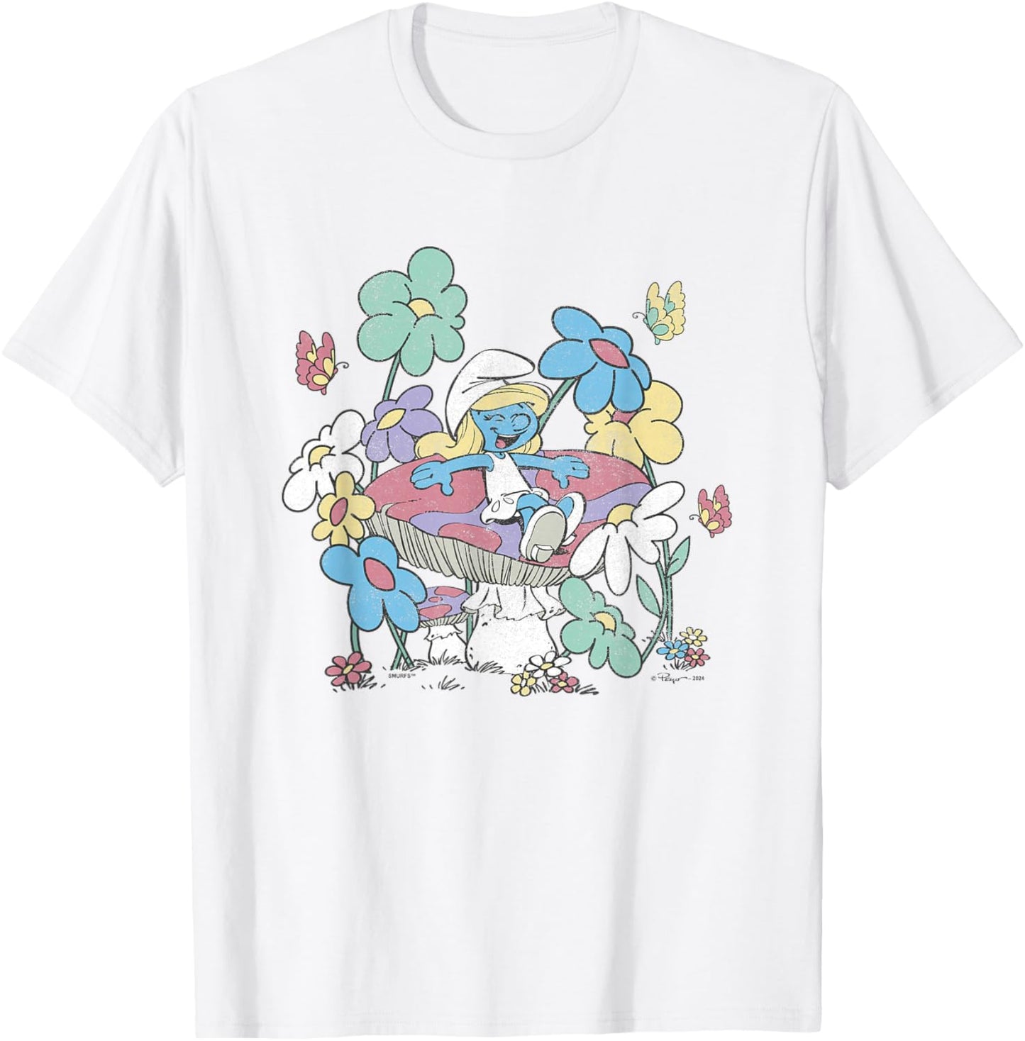 The Smurfs Smurfette Having Fun In Nature Distressed T-Shirt - T-Shirt | White