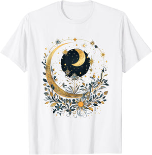 Mystical Sun and Moon with Woman Mystical Flowers Aesthetic T-Shirt - T-Shirt | White
