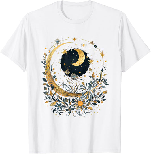 Mystical Sun and Moon with Woman Mystical Flowers Aesthetic T-Shirt - T-Shirt | White