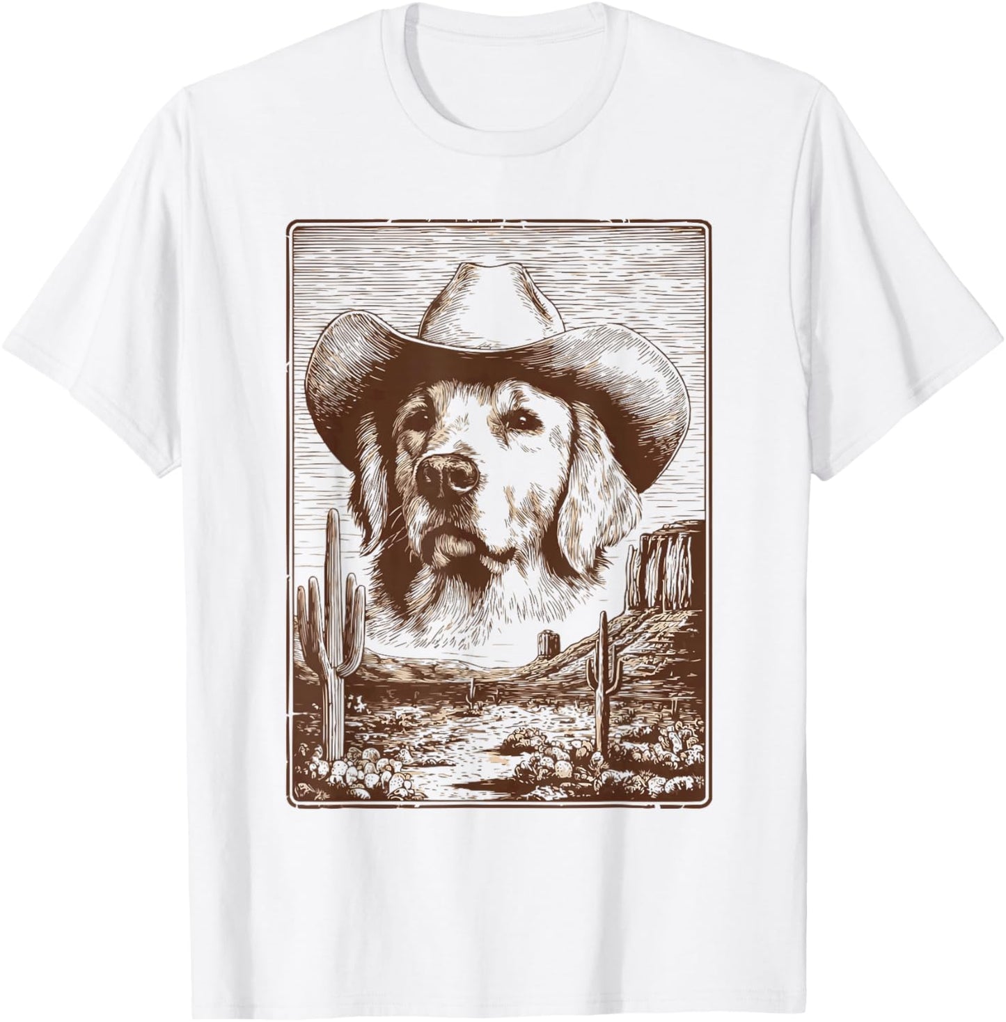 Cute Golden Retriever Dog Western Desert Vibes Rancher Rodeo T-Shirt - T-Shirt | White