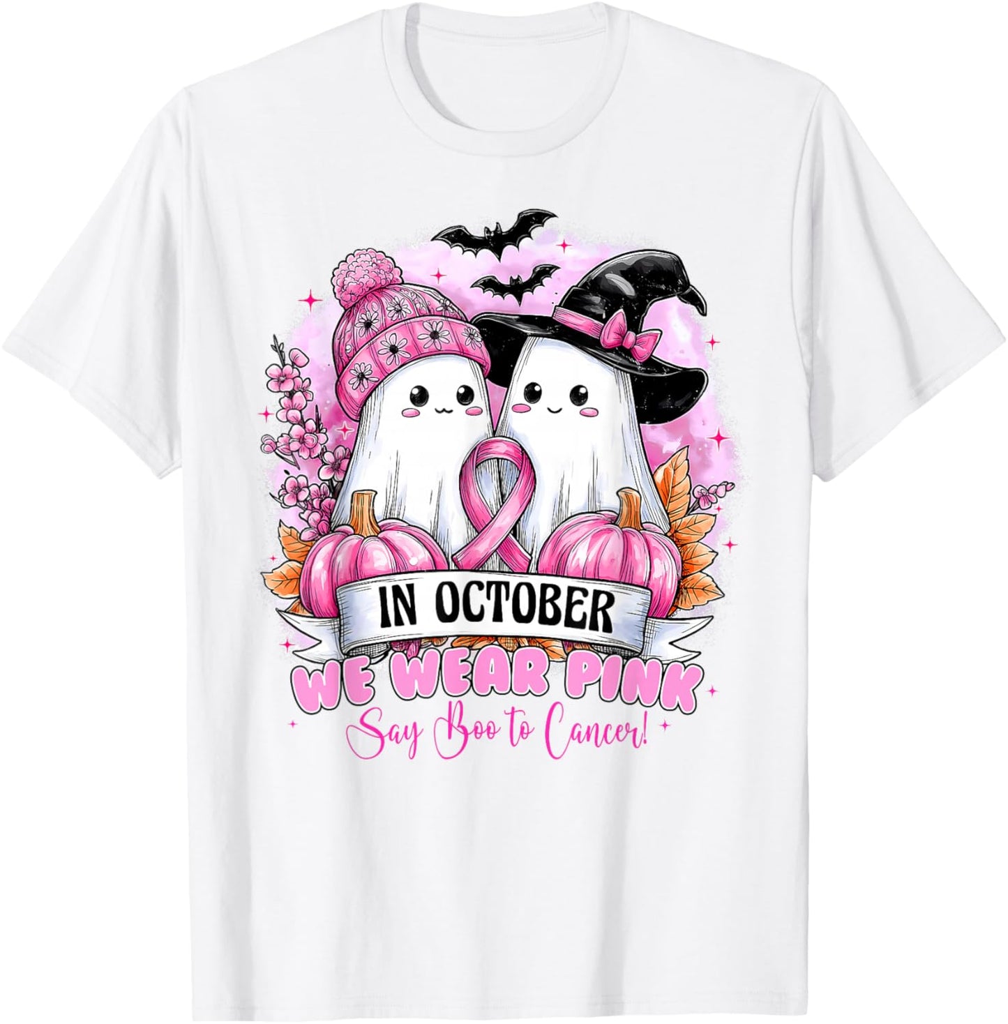 in October We Wear Pink Ghost Halloween Breast Cancer Women T-Shirt - T-Shirt | White