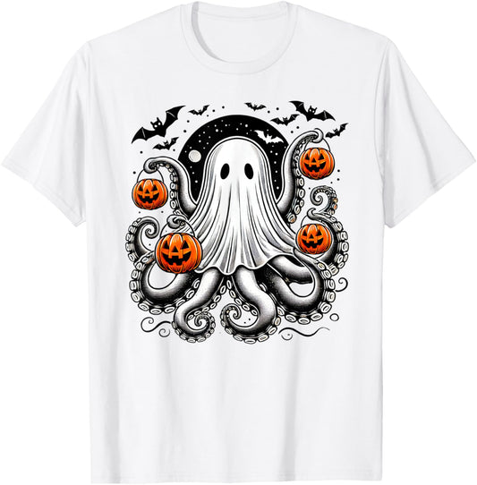 Spooky Tentacled Ghost Octopus - Halloween Kraken Pumpkins T-Shirt - T-Shirt | White