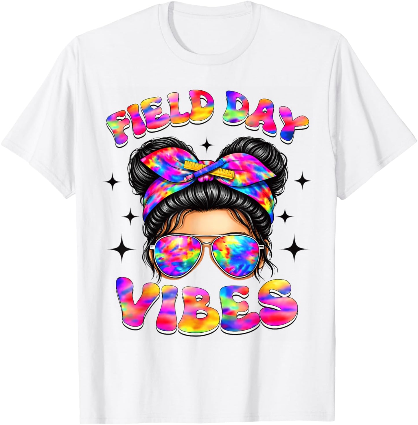 Field Day 2026 Vibes Colorful Tie Dye Messy Bun Girls T-Shirt - T-Shirt | White