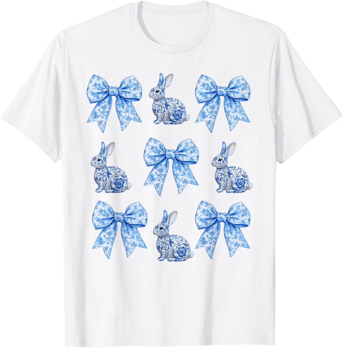 Easter Chinoiserie Floral Bunny with Cute Blue Bow Coquette T-Shirt - T-Shirt | White