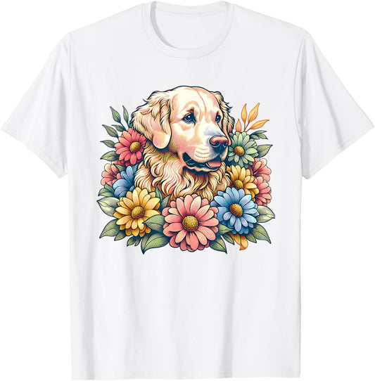 Golden Retriever Dog Summer Flowers Women T-Shirt - T-Shirt | White