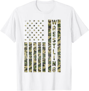 Wrestling USA Flag Camo Patriotic Wrestler Funny Boys Girls T-Shirt - T-Shirt | White