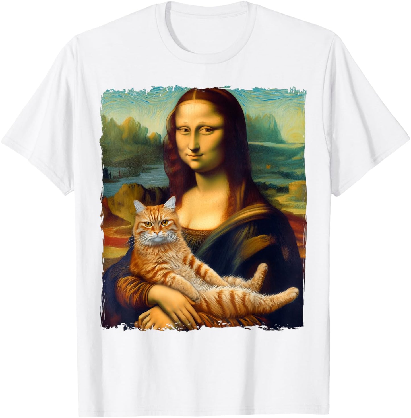 Mona Lisa Holding Cat Portrait Art Painting Kitty Cat Mom T-Shirt - T-Shirt | White