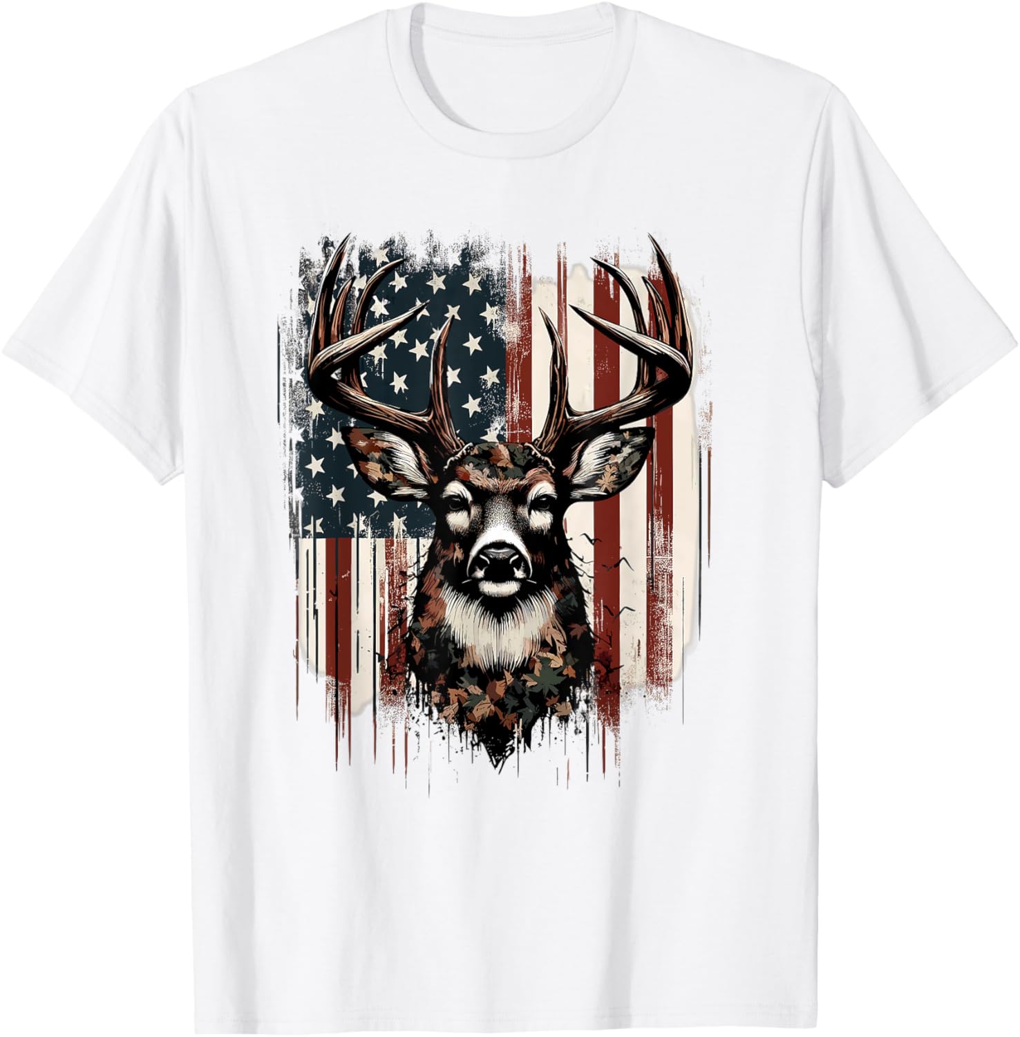 Deer Hunting American Flag Whitetail Buck Antlers T-Shirt - T-Shirt | White