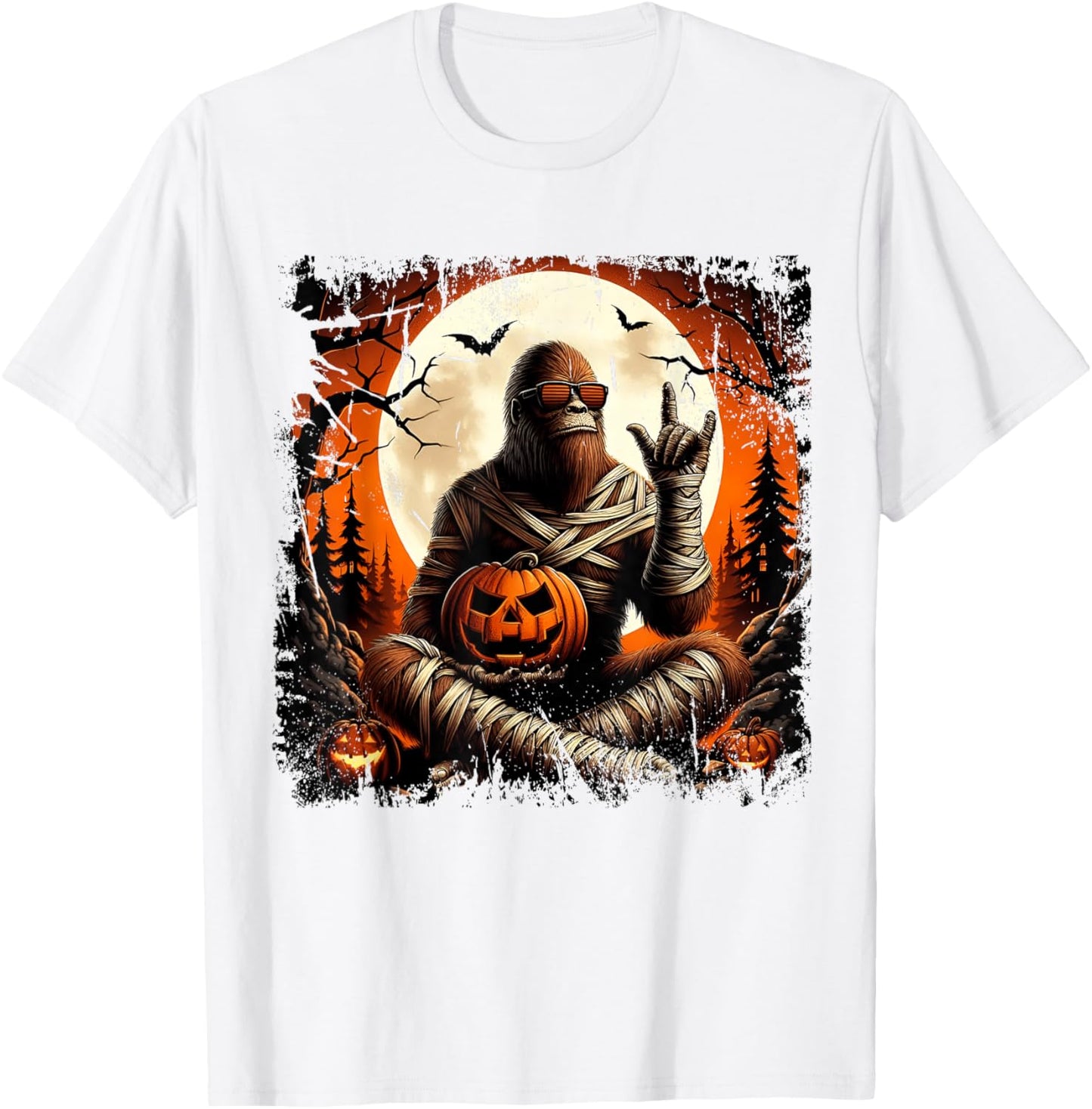 Spooky Sasquatch Bigfoot Mummy Halloween Jack O Lantern T-Shirt - T-Shirt | White