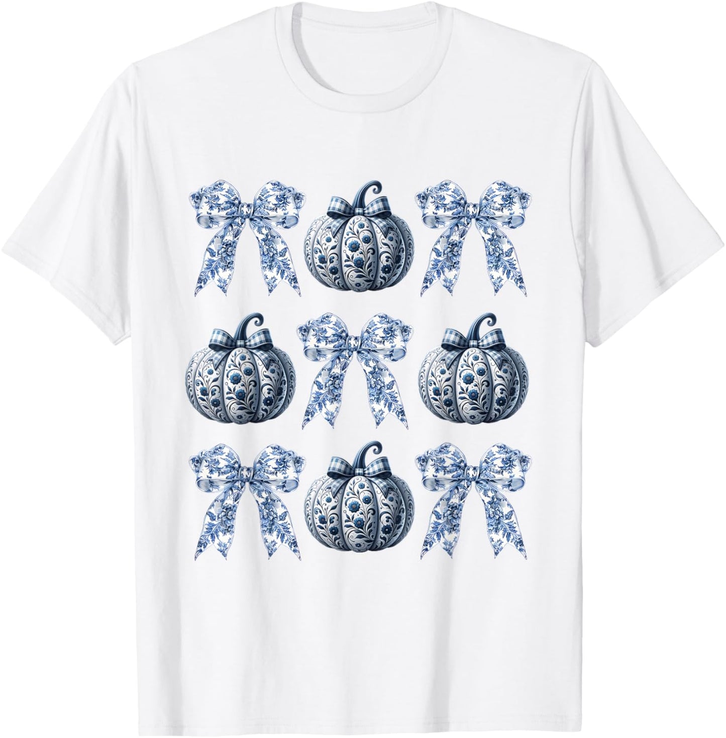 Blue and White Pumpkins Chinoiserie With Bow Fall Halloween T-Shirt - T-Shirt | White