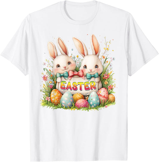 Happy Easter Day - Cute Easter Egg Fun - Couple Bunny Easter T-Shirt - T-Shirt | White