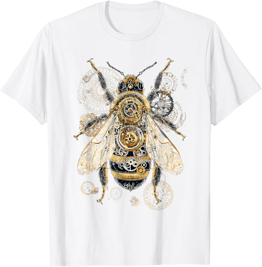 Steampunk Bee with Mechanical Details Fine and Ornate Pattern T-Shirt - T-Shirt | White