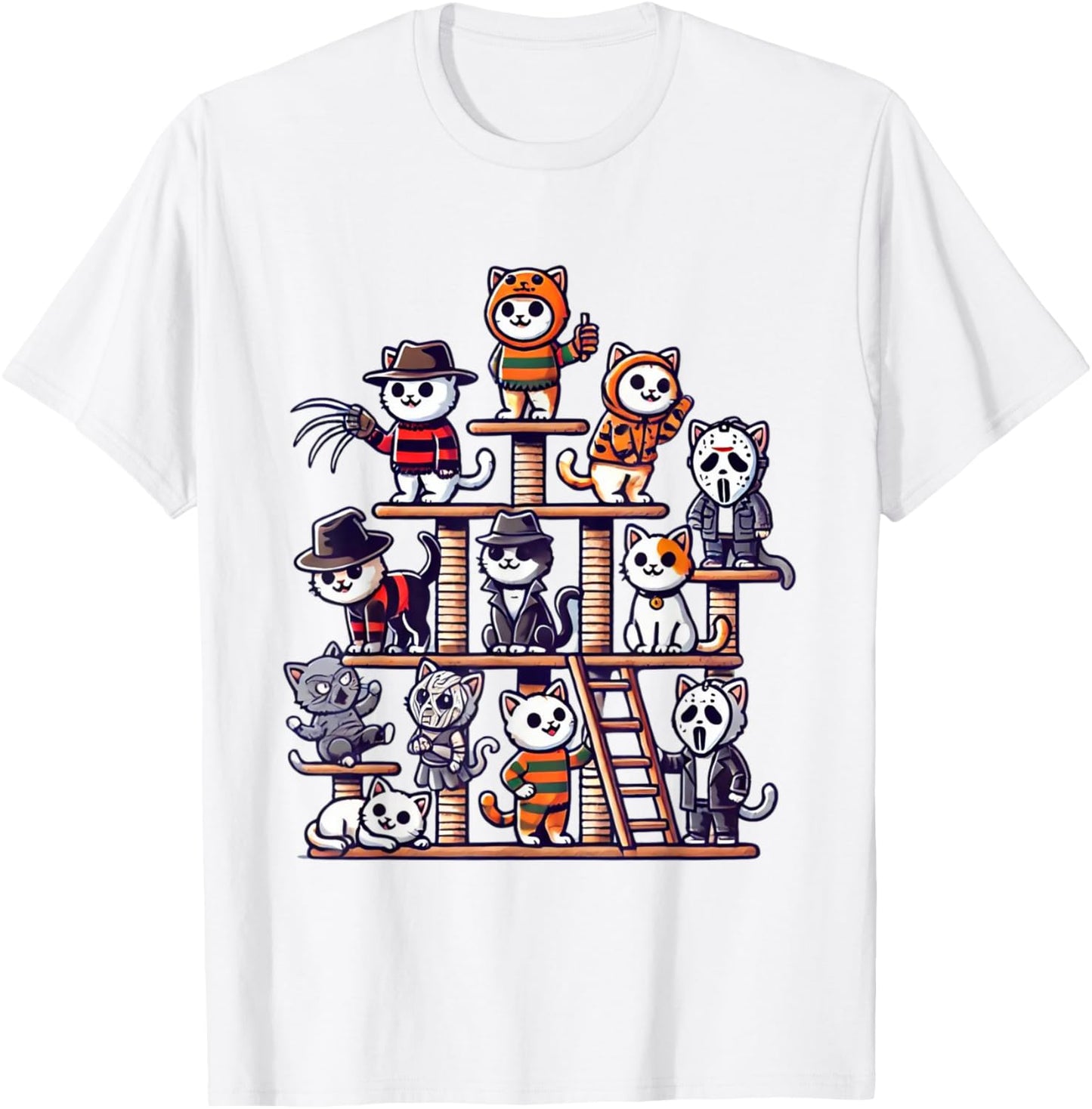 Funny Horror Movie Cats Playing On Cat Tree T-Shirt - T-Shirt | White