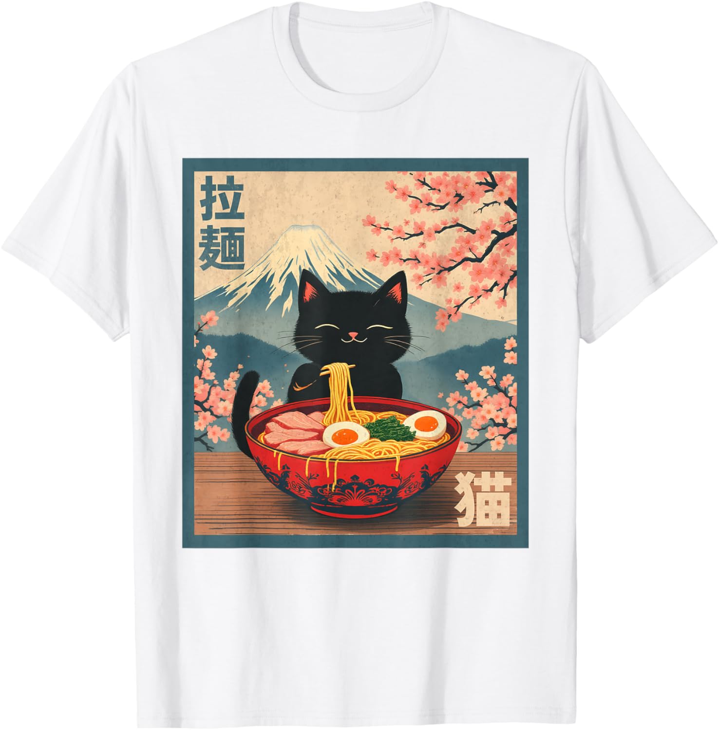 Cat Eating Ramen Anime T-Shirt - T-Shirt | White