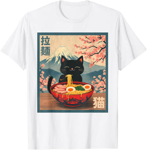 Cat Eating Ramen Anime T-Shirt - T-Shirt | White
