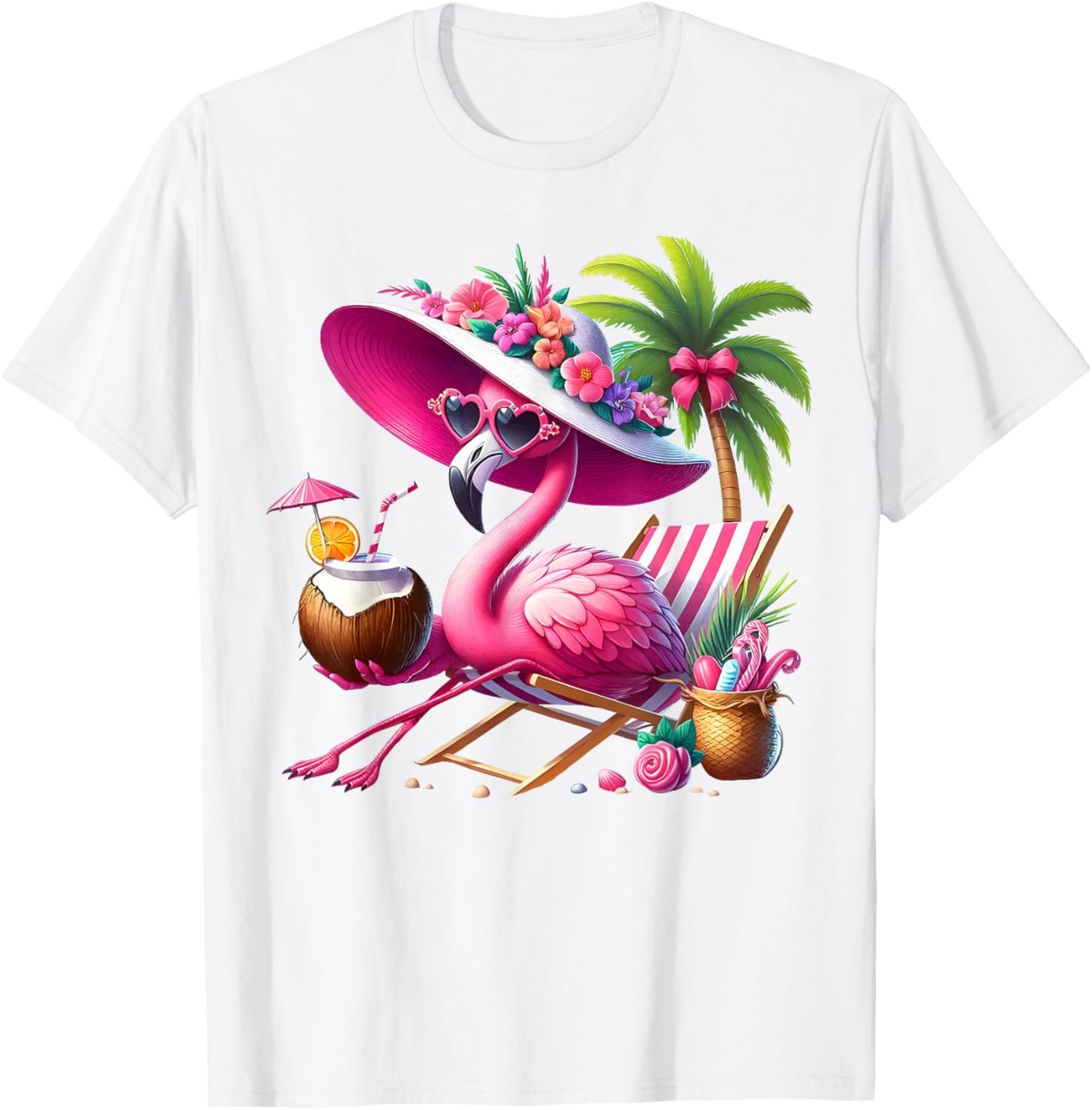 Flamingo Pink Palm Tree Tropical Beach Summer Vacation Women T-Shirt - T-Shirt | White