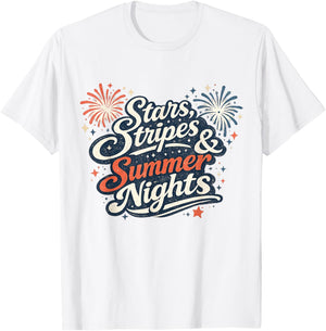 Stars Stripes & Summer Nights Patriotic Retro Graphic T-Shirt - T-Shirt | White