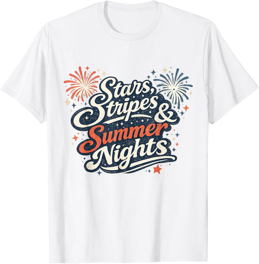 Stars Stripes & Summer Nights Patriotic Retro Graphic T-Shirt - T-Shirt | White