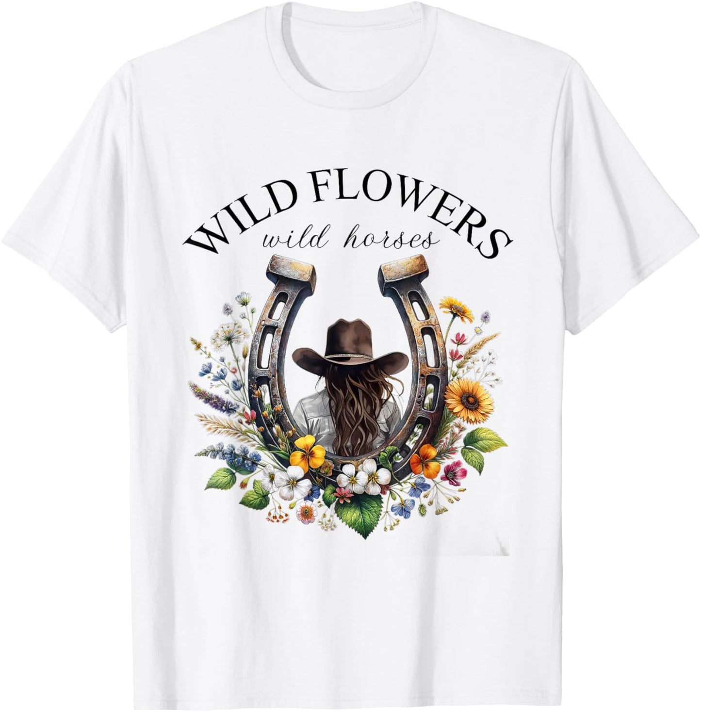 Retro Southern Sunset Cowgirl Wild Flowers - Wild Horses T-Shirt - T-Shirt | White