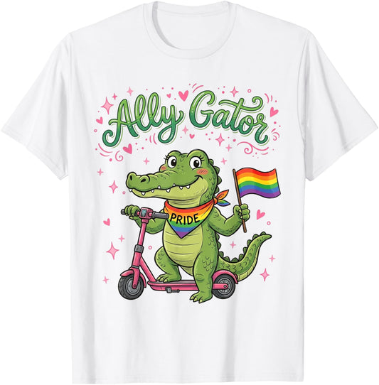 Ally Gator Pride LGBT Rainbow Flag Funny Alligator Men Women T-Shirt - T-Shirt | White