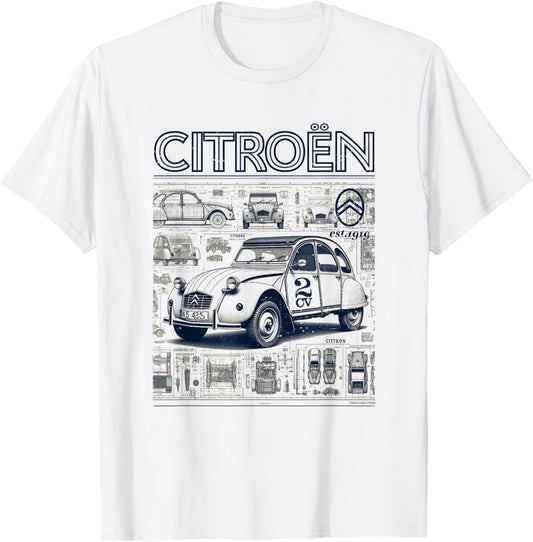 Citroën 2CV Retro Schematics Est 1919 T-Shirt - T-Shirt | White