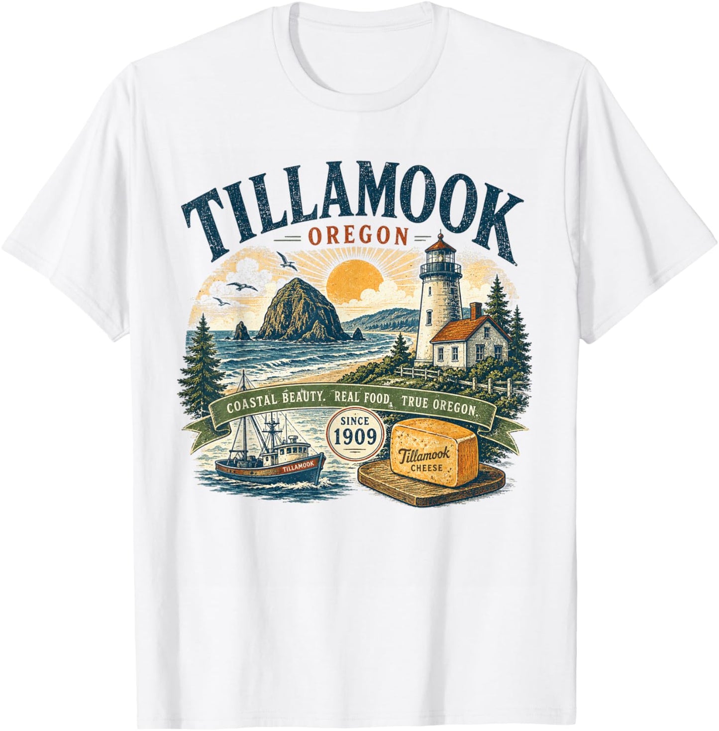 Tillamook Oregon Coastal Beauty - Vintage Retro Illustration T-Shirt - T-Shirt | White