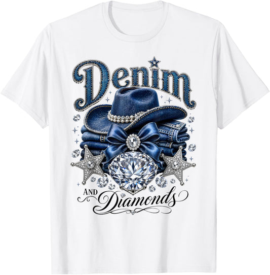 Denim and Diamonds Western Cowgirl Glam Style T-Shirt - T-Shirt | White