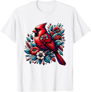 Cute Red Cardinal Bird Vintage Flowers Northern Cardinal T-Shirt - T-Shirt | White
