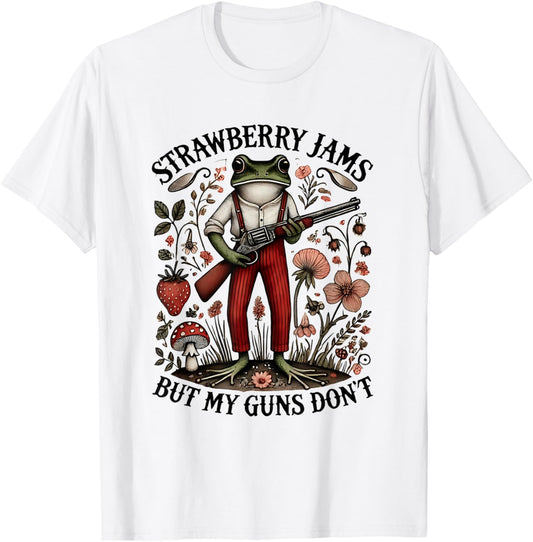 Strawberry Jams But My Gun Dont Vintage Cottage Core Frog T-Shirt - T-Shirt | White