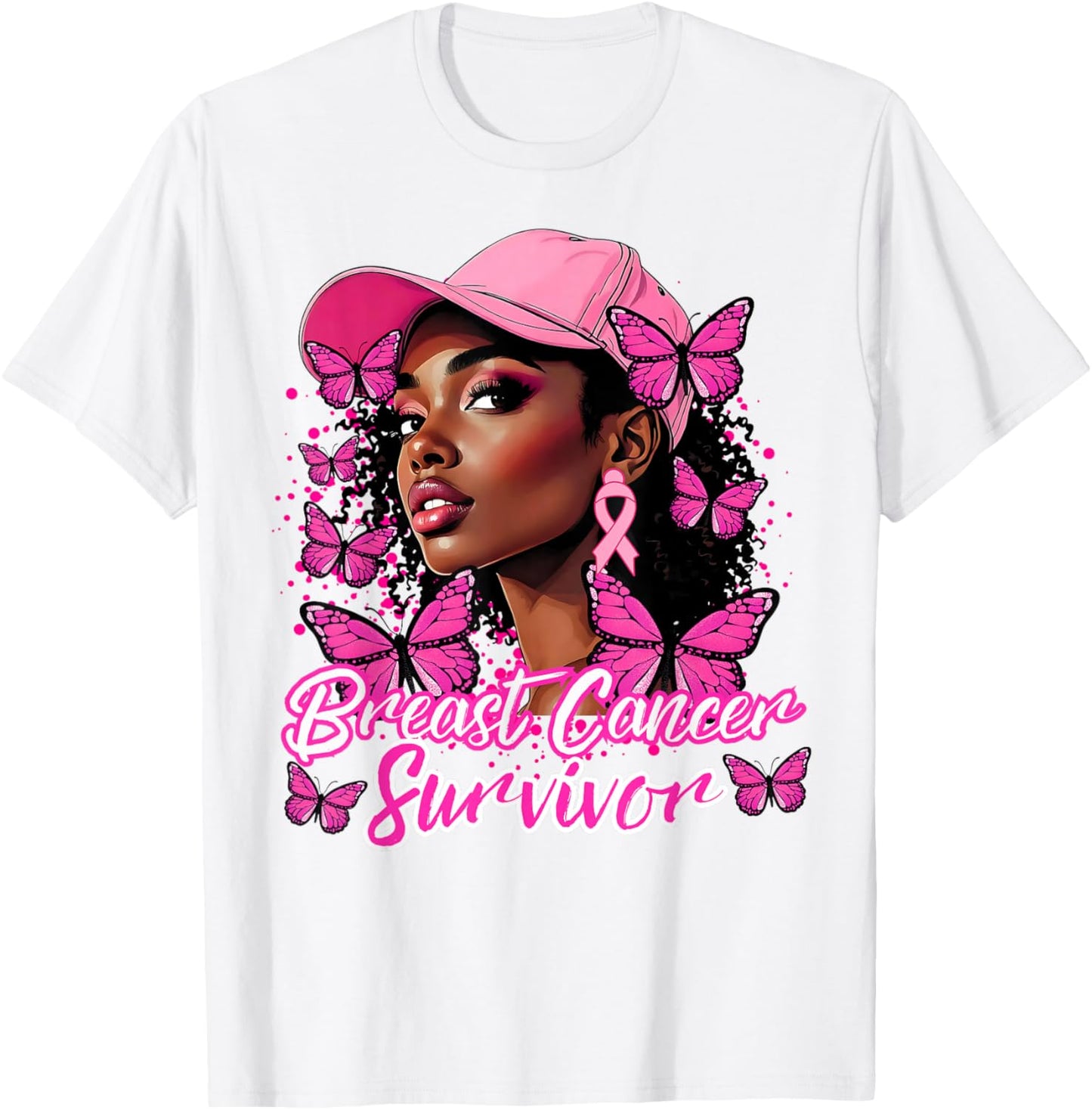 Black Afro Women Butterfly Breast Cancer Awareness Survivor T-Shirt - T-Shirt | White