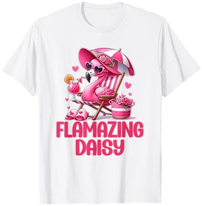 Flamazing Daisy Pink Flamingo Tropical Beach Scene Women's T-Shirt - T-Shirt | White