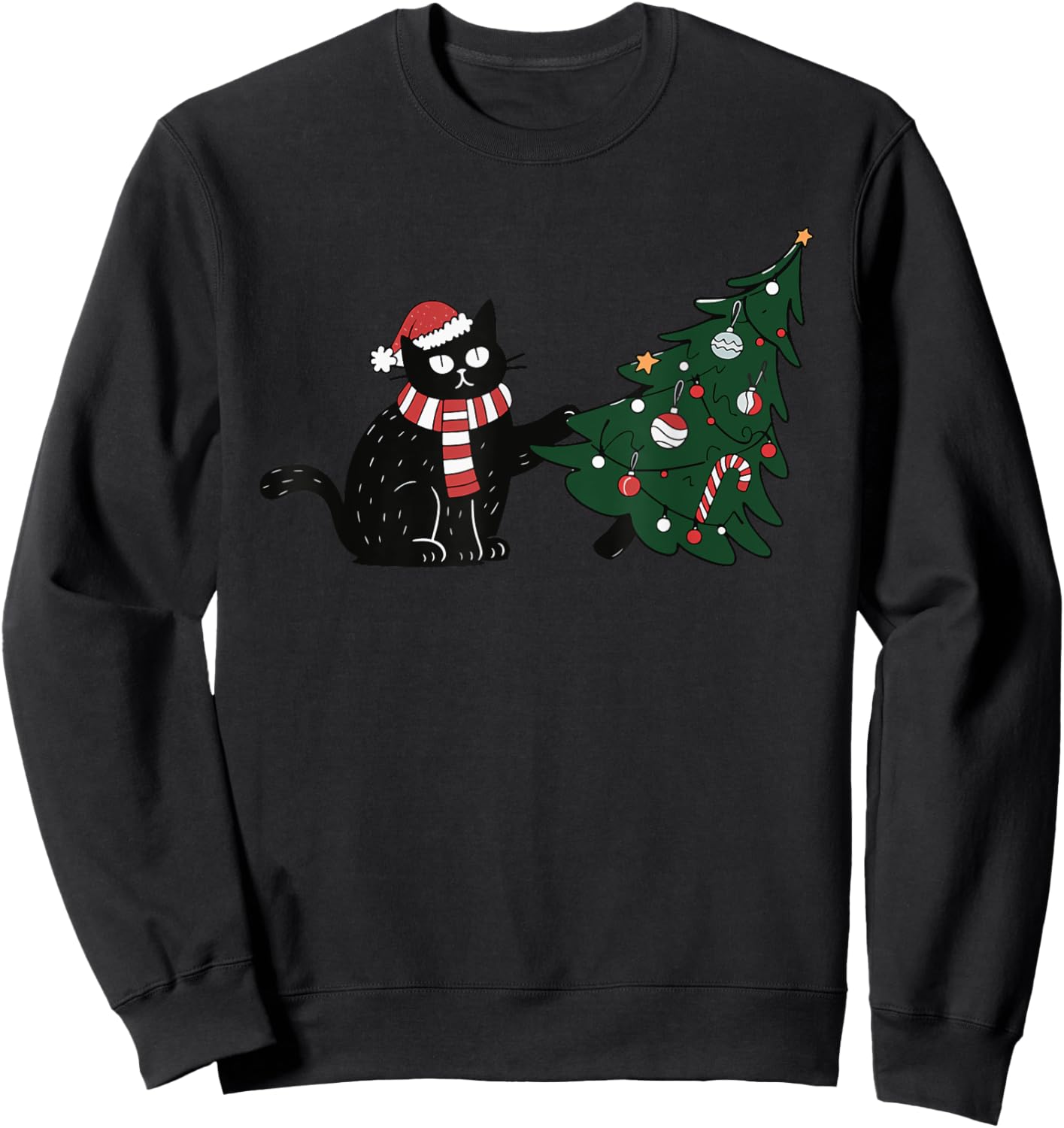 Cat Pushing Christmas Tree Women Kids Sweatshirt - Sweatshirt | Black