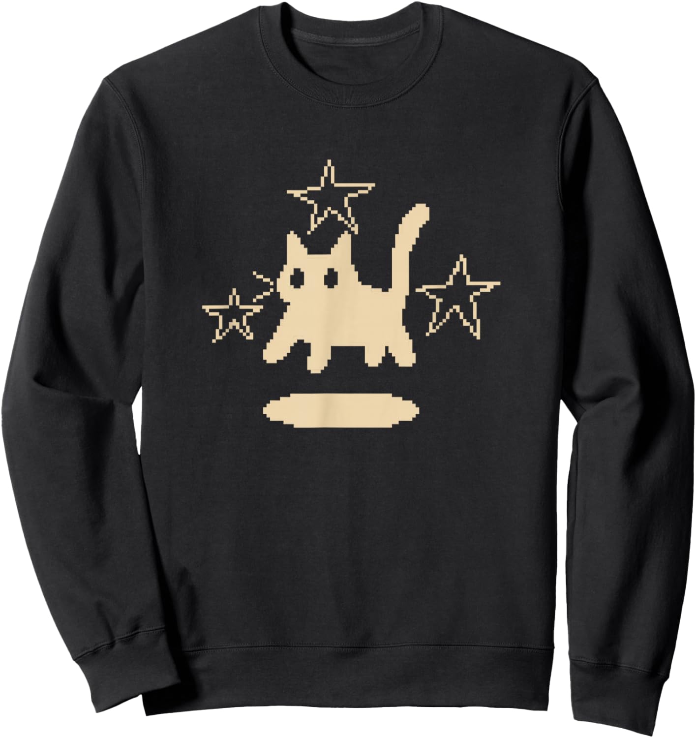 Pixel 90s Y2K Scary Tomcat Cat is Scared Under Stars Sweatshirt - Sweatshirt | Black