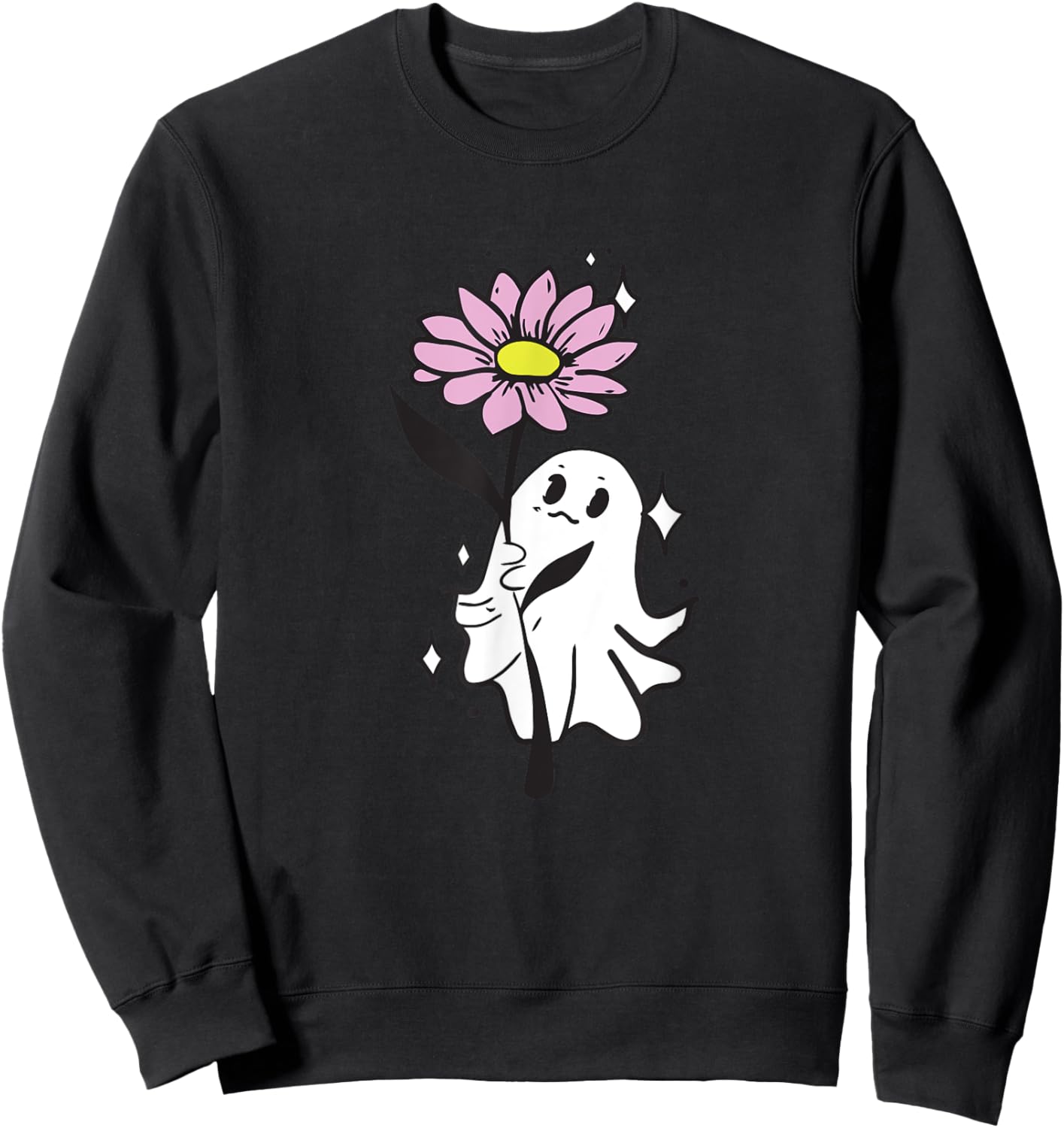 Cute Ghost Holding Flower , Kawaii Ghost Graphic Sweatshirt - Sweatshirt | Black