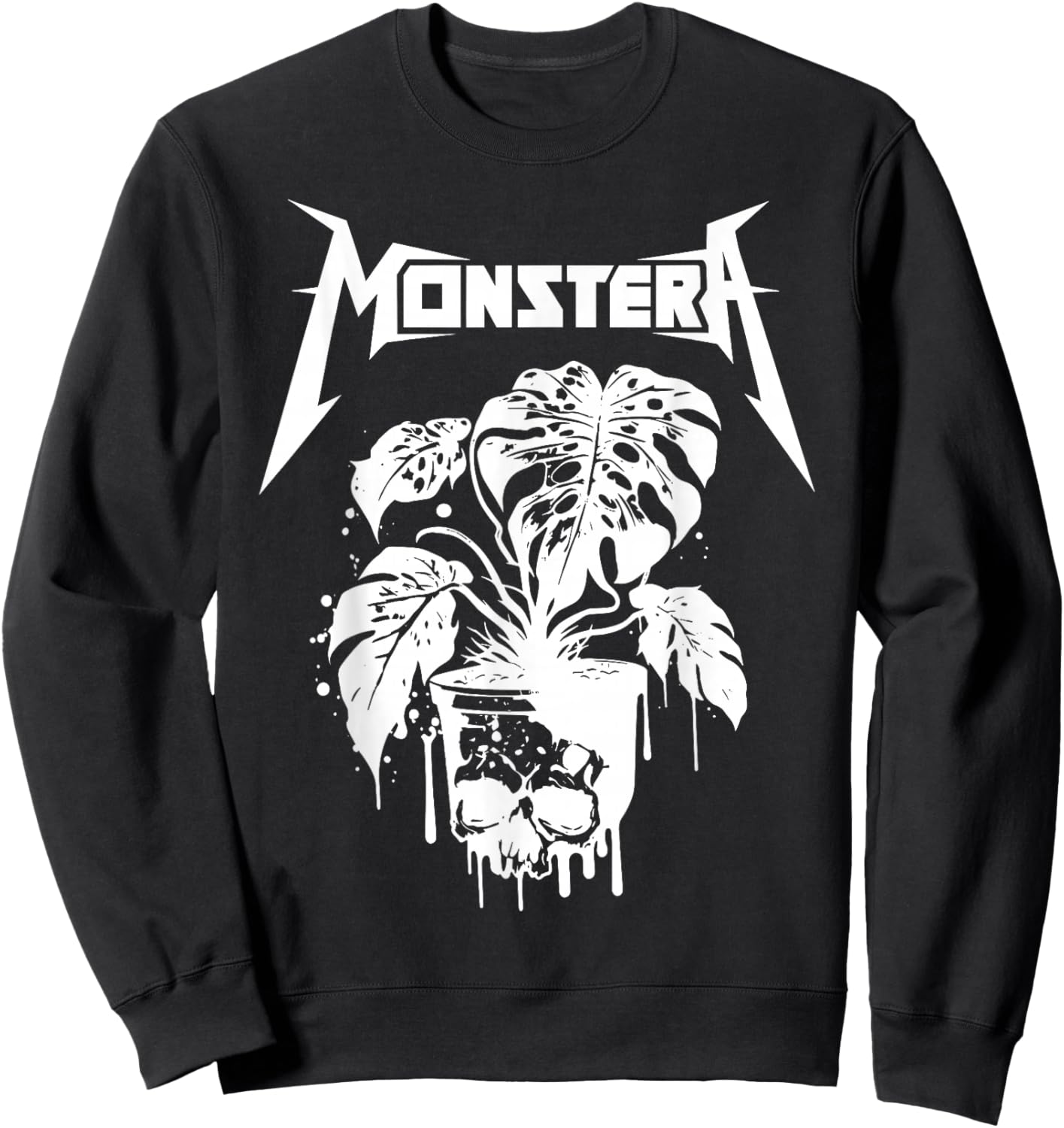 Monstera Funny Skull Plant Lover Grunge Gardener Metal Skull Sweatshirt - Sweatshirt | Black