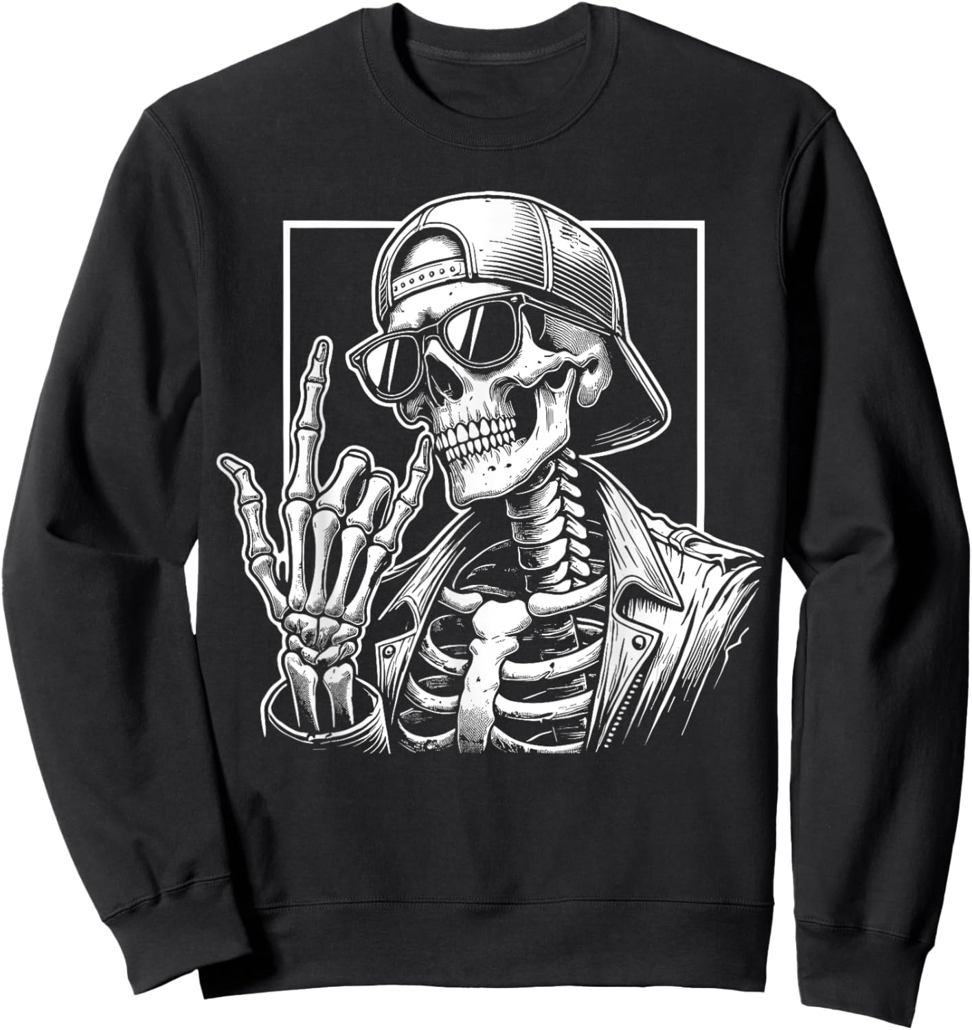 Skeleton Rock Hand Halloween Costume Rocker Cool Rock Music Sweatshirt - Sweatshirt | Black