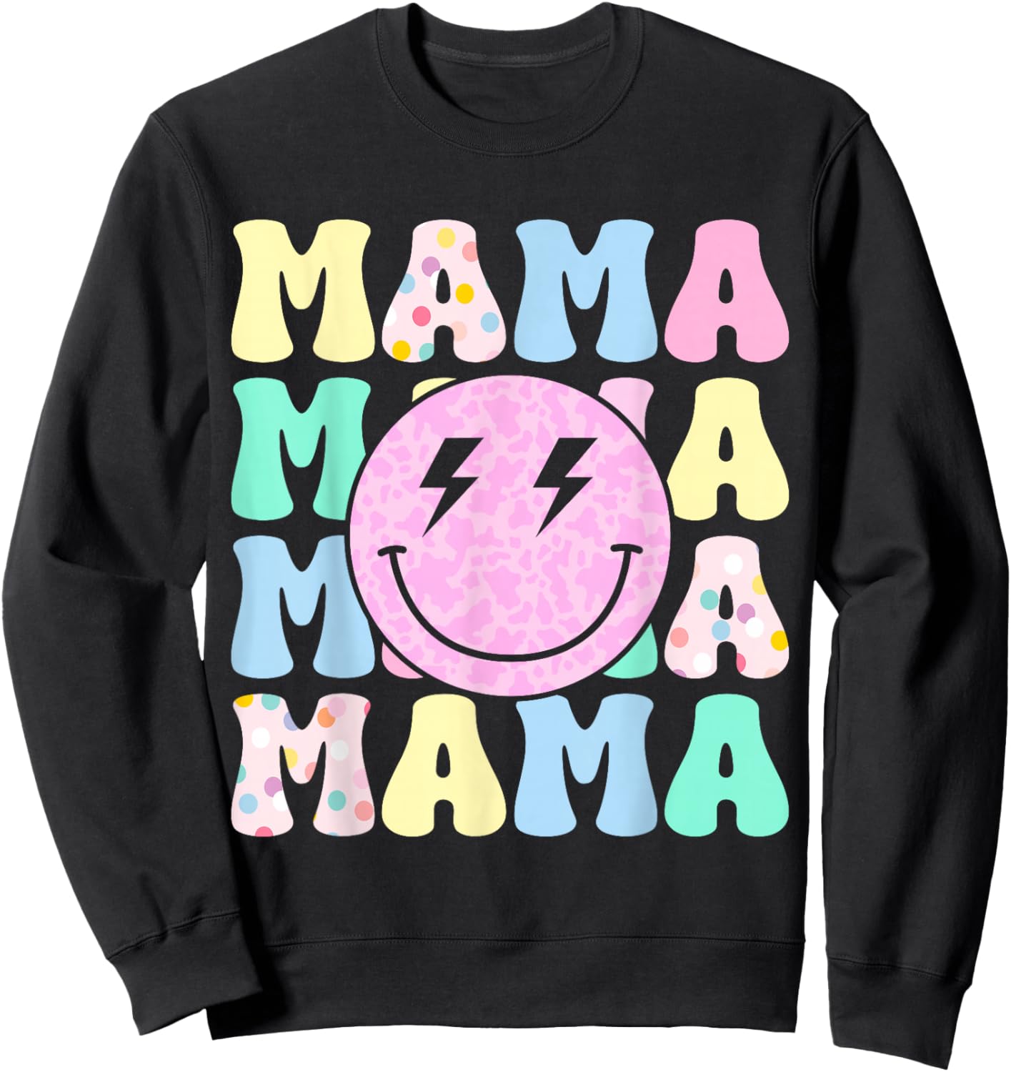 Retro Groovy Mama Leopard Happy Face Aesthetic Y2K Mother Sweatshirt - Sweatshirt | Black