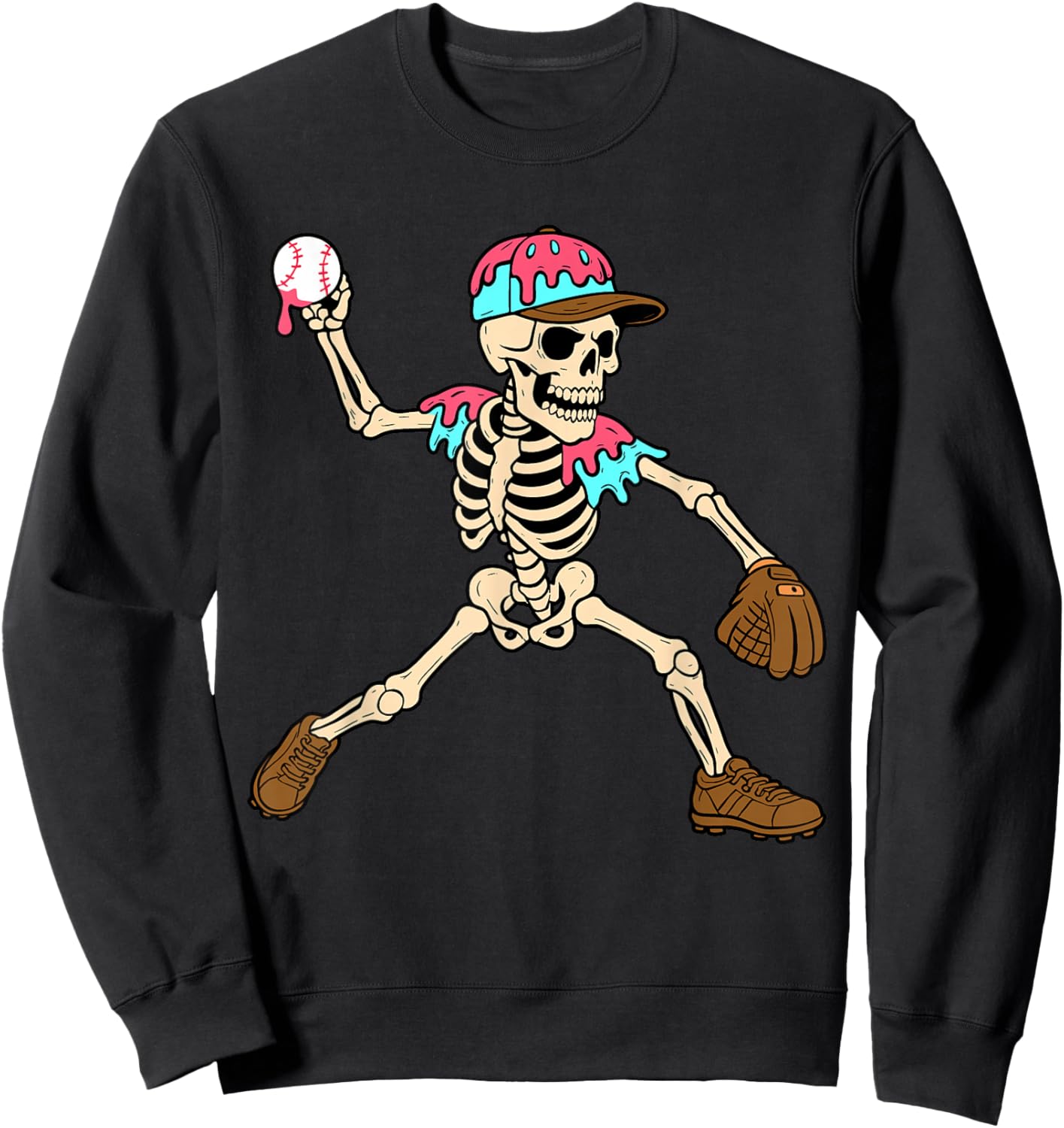 Skeleton Ice Cream Drip Baseball Sport Player Halloween Sweatshirt - Sweatshirt | Black