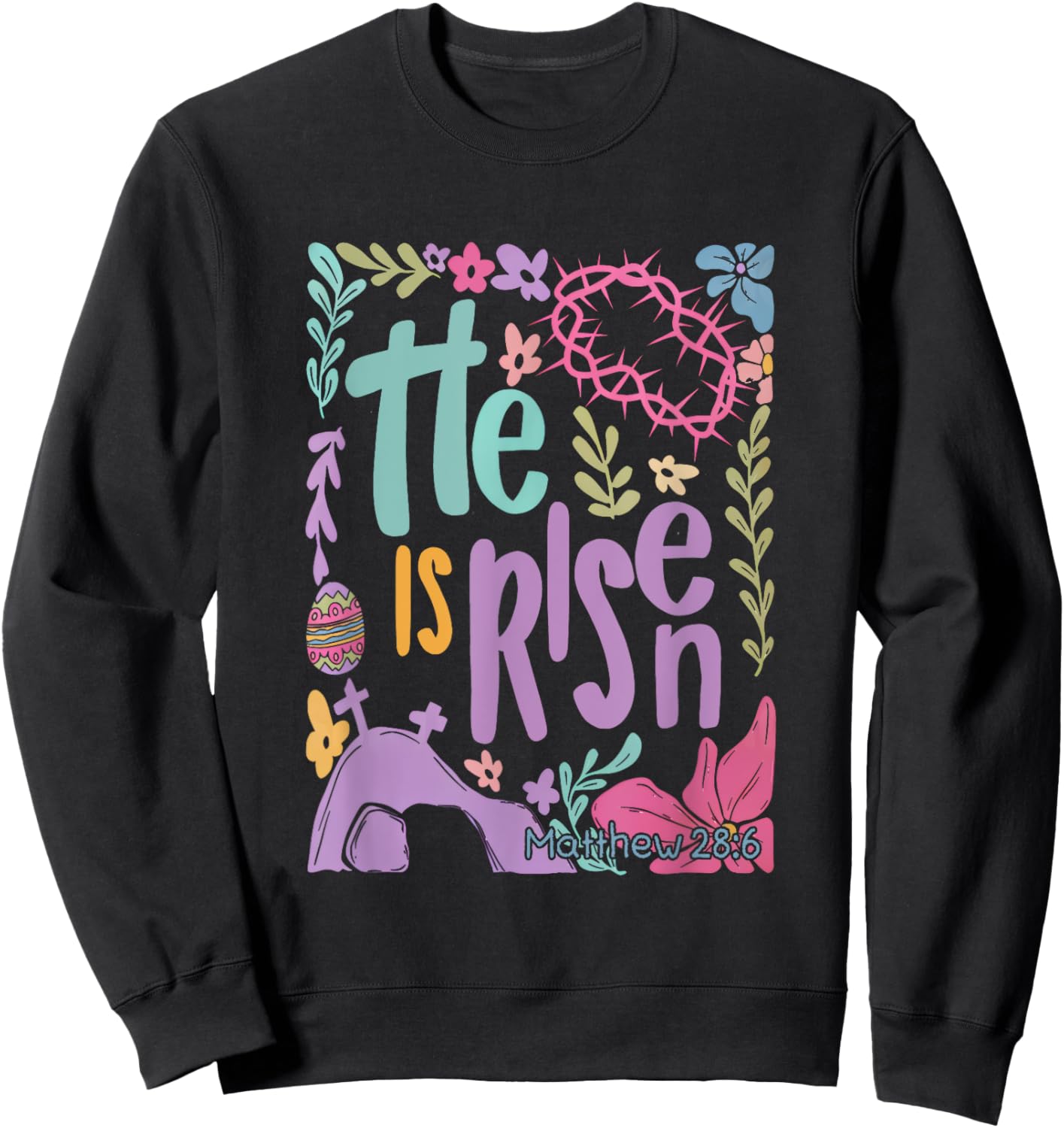 Retro Boho Floral He Is Risen Matthew 28:6 Easter Bible Sweatshirt - Sweatshirt | Black