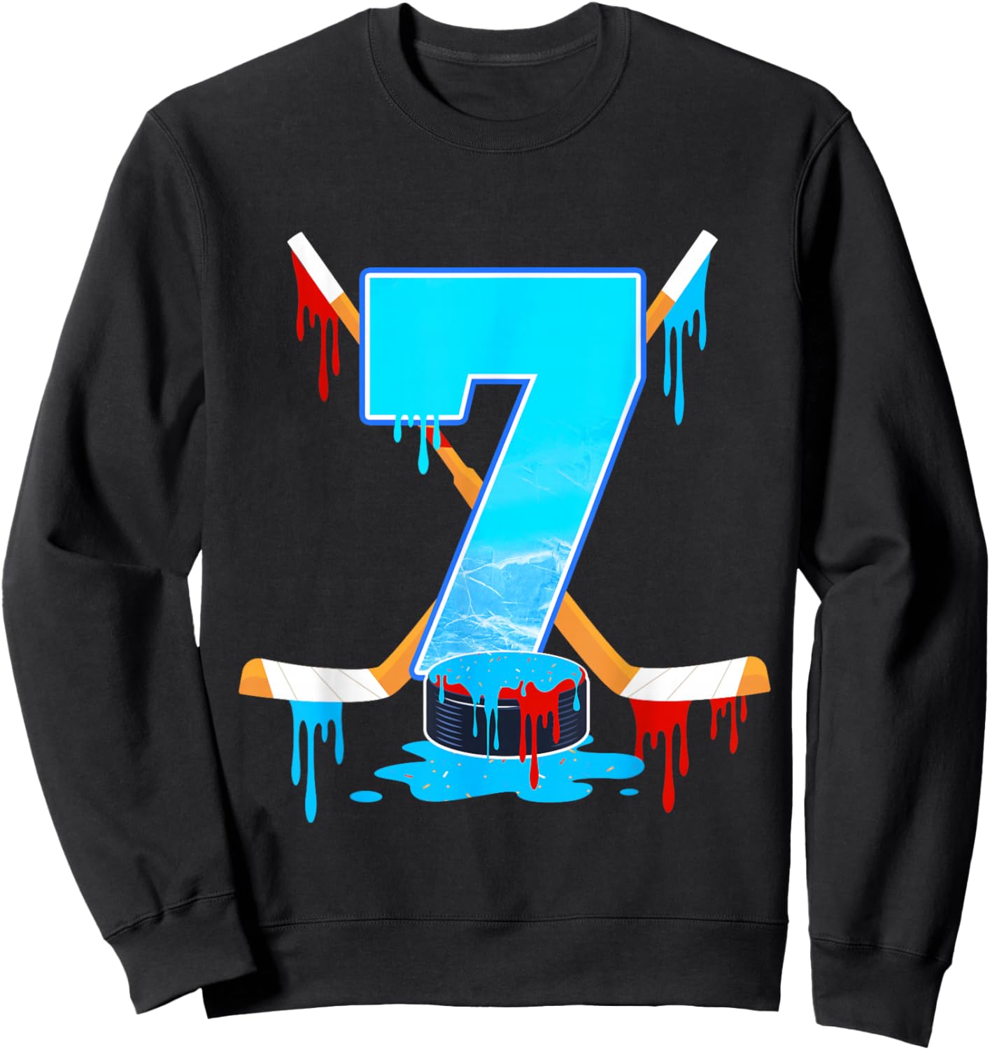 7 Year Old Boys 7th Birthday Ice Hockey Ice Cream Drip Sweatshirt - Sweatshirt | Black